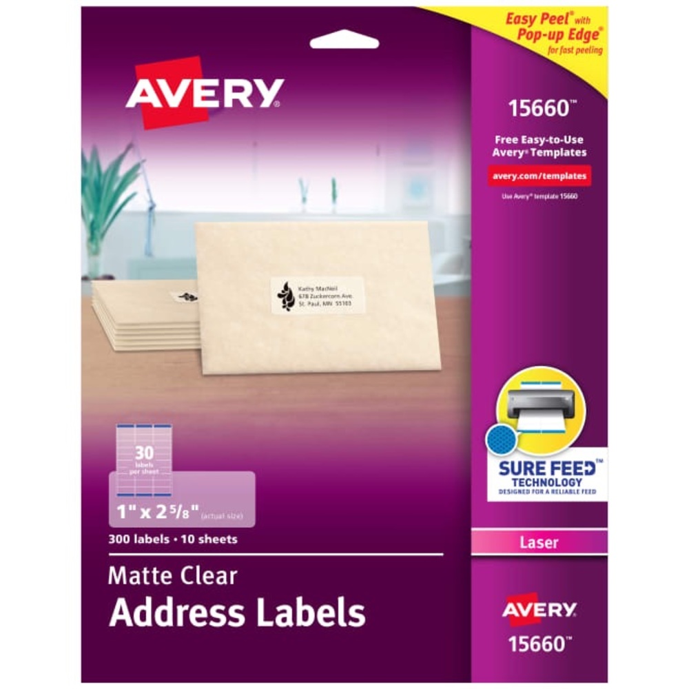 AVERY® 15660 Matte Clear Address Labels Sure Feed™' Technology Laser 1" x 2”5/8